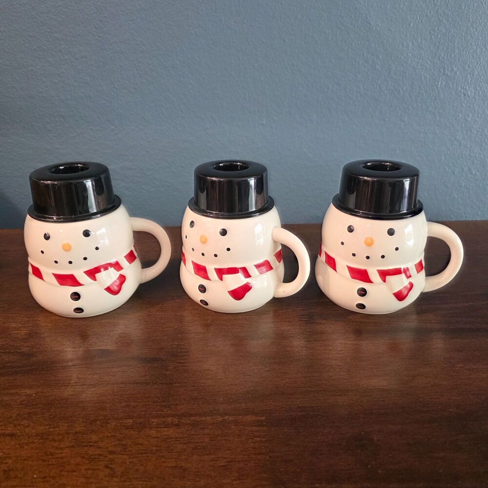 Williams Sonoma Christmas Mugs Snowman Hot Drinks Chocolate W/Lid Set of 3